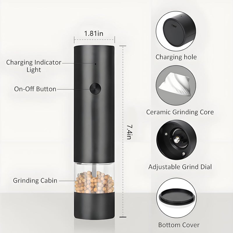 Yehenarn Electric Pepper Grinder,Electric Pepper Mill Grinder,Adjustable Coarseness,Efficient And Convenient,Easy To Clean,One Handed Operation,Type-C Rechargeable, A Reliable Assistant In The Kitchen(Black) - Image 2